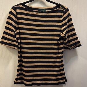 Ralph Lauren Women's Half Sleeve Boat Neck Black/Gold Metallic Striped Tee SZ M